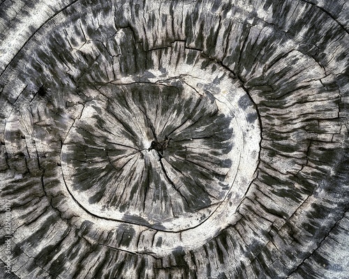 Top down view of a charred tree trunk cross-section showing detailed annual growth rings and deep radial cracks.
