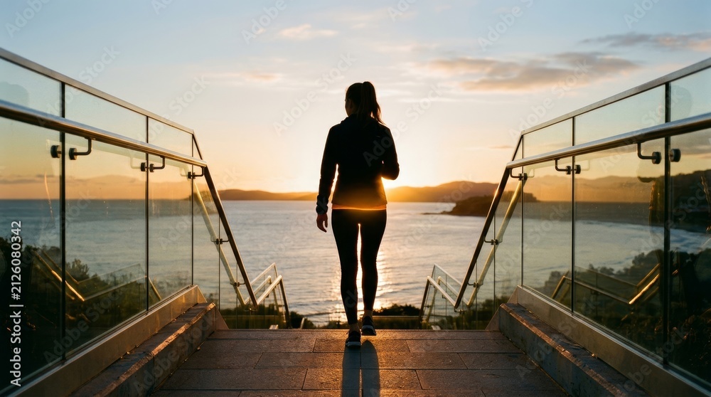 Fototapeta premium Silhouette of a woman walking along a beachside walkway with sunrise glow.