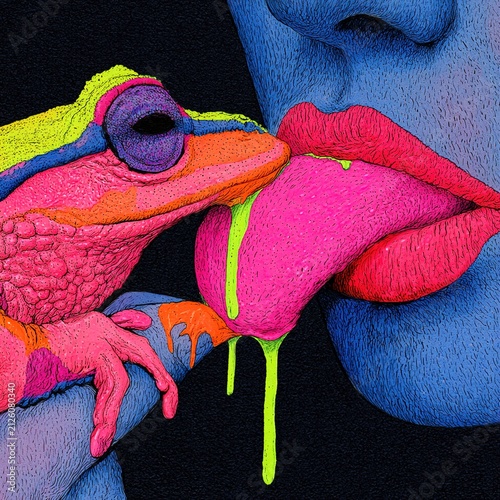 Surreal close-up of a vibrant frog licking human lips with neon colors