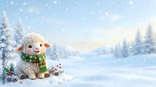 Cute sheep character wearing green scarf in snowy winter landscape with falling snow and evergreen trees, suitable for holiday greeting cards and seasonal marketing materials.