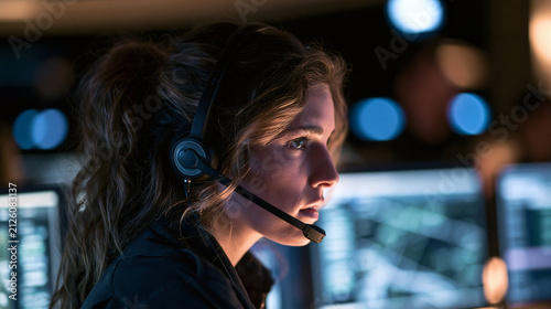 Focused Operator at Work: A young woman with a headset intently focuses on her computer screen in a dimly lit control room, embodying concentration and dedication in a high-pressure environment.