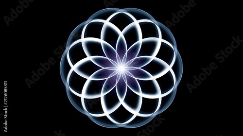 Glowing geometric flower pattern made of overlapping light loops on a black background, creating an abstract symmetrical design with a bright center.