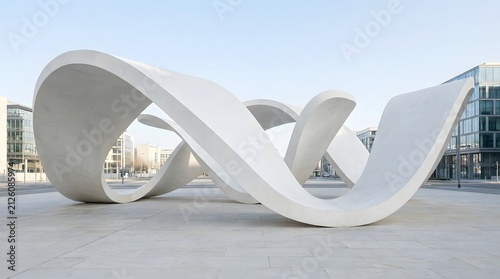 A large modern white abstract sculpture with flowing organic curves situated in a bright urban public plaza square