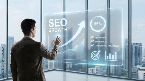 A professional businessman interacting with a digital holographic interface showing seo growth metrics in a modern high rise office