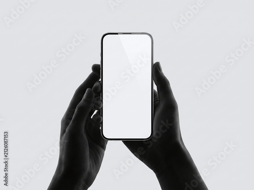 Hands holding blank smartphone mockup. Mobile phone screen template with copy space.