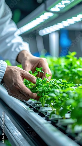 Scientist hands inspecting basil seedlings in a modern indoor vertical hydroponic farm, sustainable agriculture, food technology and smart farming research