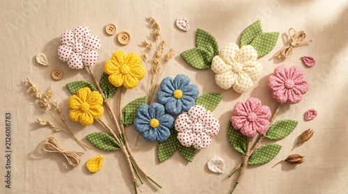 Handmade crochet flowers arranged on textile background. Decorative textile craft hobby project with colorful yarn blooms. DIY home decor concept for creative handmade gift inspiration.
