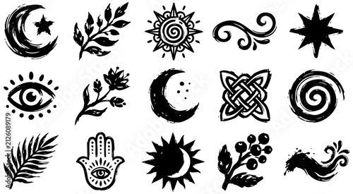 Hand drawn vector collection featuring mystical celestial and organic symbols set against a clean background
