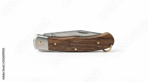 Folded camping pocket knife with wooden handle ready for outdoor use. Compact survival tool featuring stainless steel blade and durable grip.