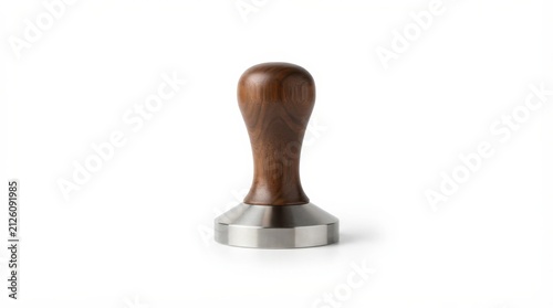 Espresso coffee tamper pressing grounds in portafilter. Professional stainless steel barista tool for perfect espresso extraction.