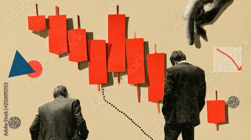 Collage art depicts financial decline with somber figures and red bar graph