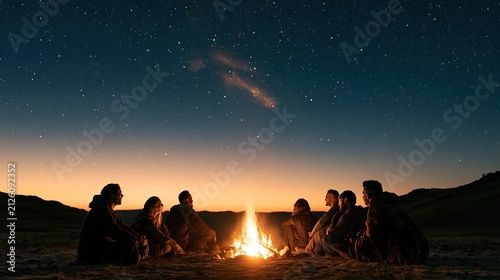 Group gathers around campfire at dusk under starry sky