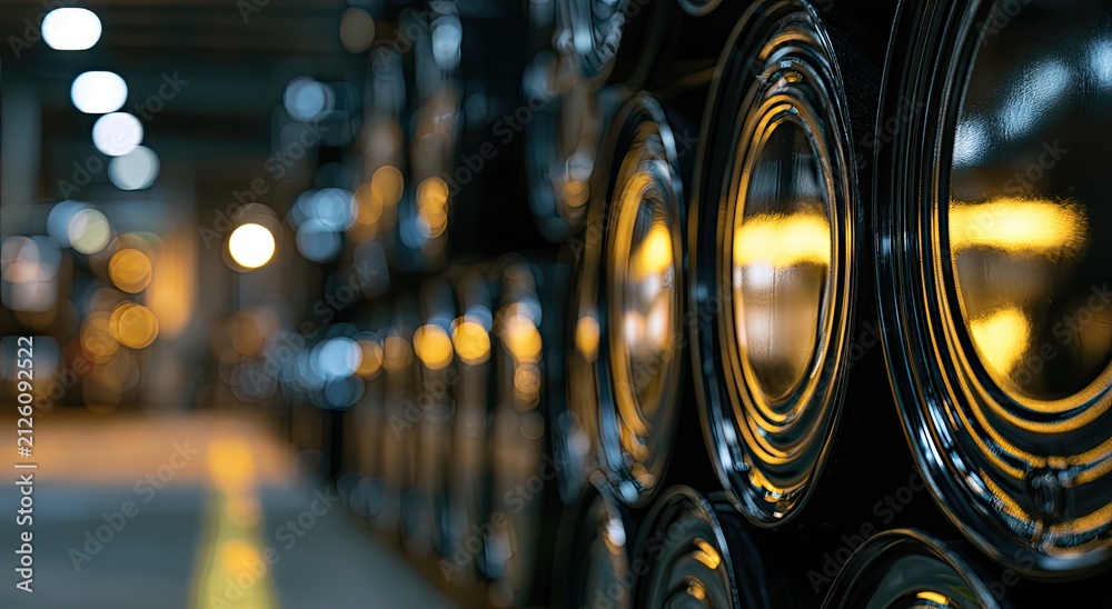 Fototapeta premium Close-up on stacked metallic circular objects with soft bokeh lights in background