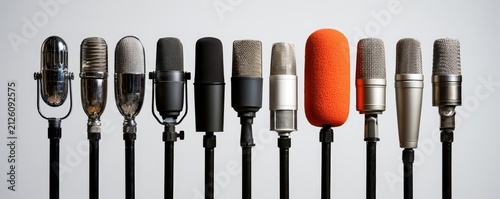 Row of diverse microphones, one with an orange wind screen, on stands