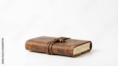 Closed leather travel journal with brass clasp on white background. Vintage notebook secured for writing or sketching adventures.