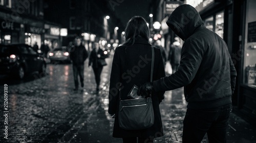 A shadowy figure stealthily pickpocketing an unsuspecting woman on a dark, rain-slicked city street, capturing the chilling reality of urban theft and vulnerability