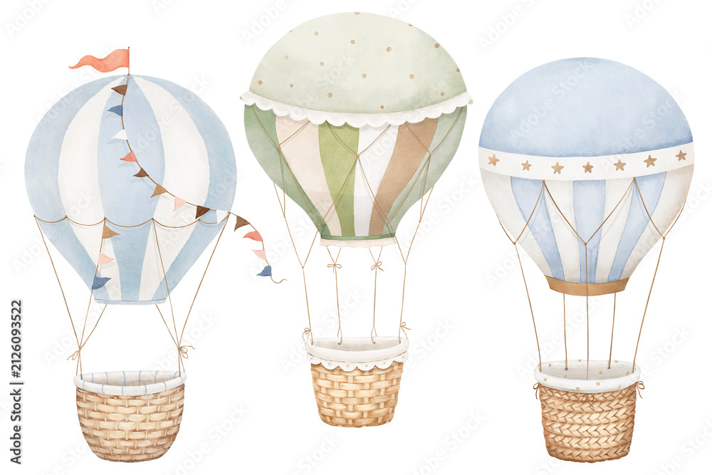 Obraz premium Watercolor set of cute hot air balloons with different wicker baskets, isolated delicate illustration for your design baby interior, wallpapers or mural for childish room.