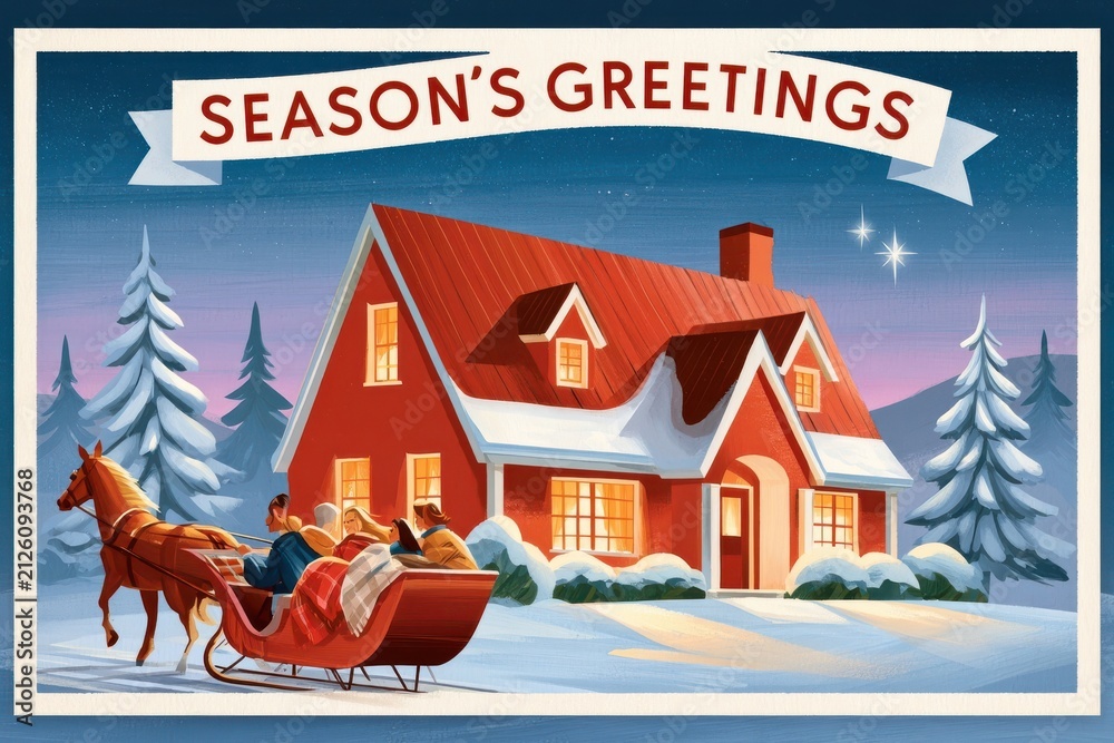 Obraz premium Retro Christmas greeting card illustration with sleigh ride and cozy red house