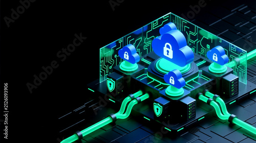 Securing isometric fortified cloud network to show digital transformation leadership on dark circuit platform with green cables 3D illustration, high angle