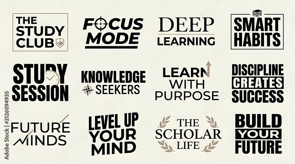 Fototapeta premium Study club typography set. Educational quotes and academic motivation badges for students.