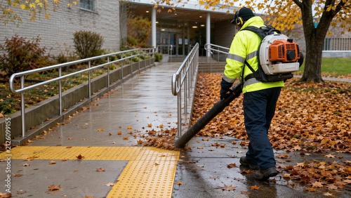 Landscaper using professional backpack blower to remove fallen autumn leaves from school wheelchair ramp. Worker maintaining campus safety by preventing slip hazard on wet ground.