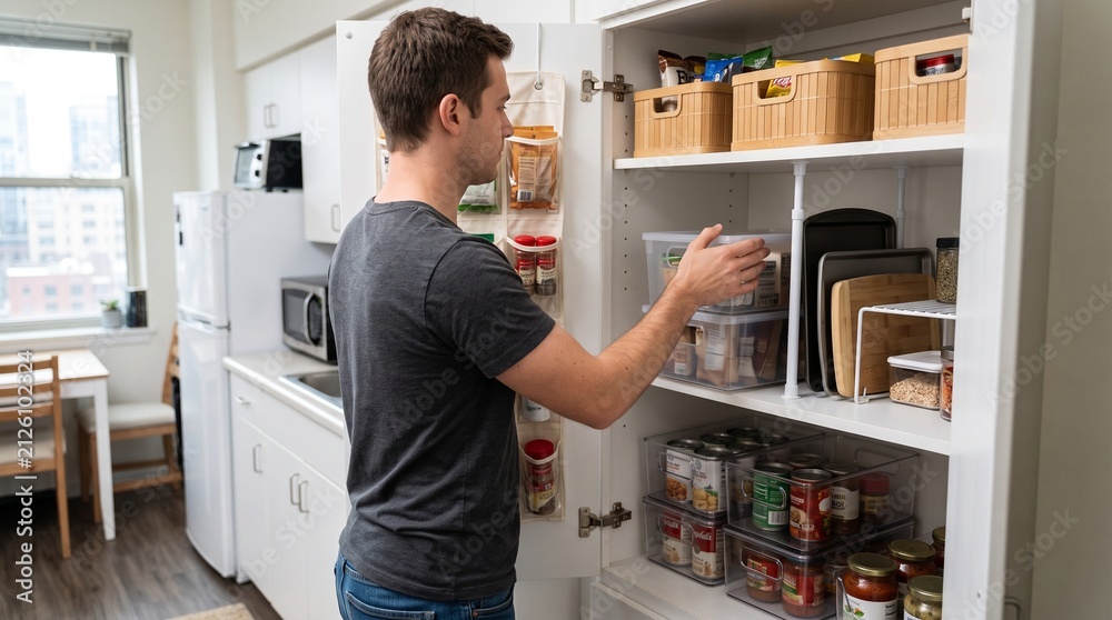 Fototapeta premium Rental pantry improvement, young man organizing removable bins and shelf risers in apartment cupboard