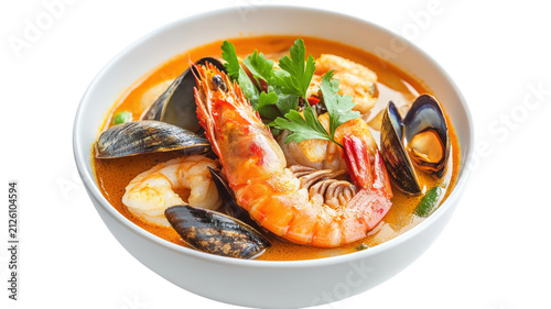 Seafood soup with large shrimp, mussels, and fresh herbs served in a white bowl isolated on a solid black background, for food