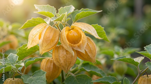 Ripe physalis fruits in papery husks growing on a plant with cape gooseberry, golden berry