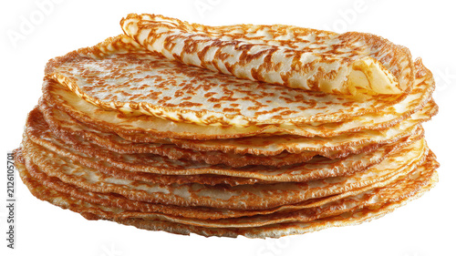 Stack of thin golden brown crepes or pancakes with a delicate lacy pattern, isolated on a white background, closeup view of folded breakfast food