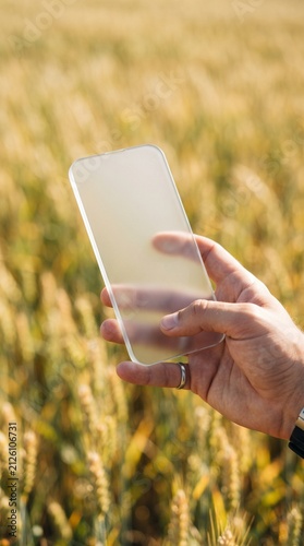 Hand holding transparent smartphone over golden wheat field, future agricultural technology.