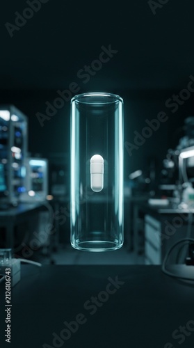 Innovative capsule glowing in laboratory environment, advanced pharmaceutical research concept.
