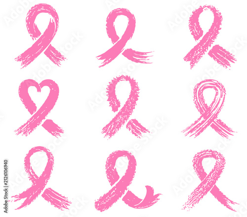 Pink breast cancer awareness ribbon collection, distressed brush stroke icons, isolated hand painted symbols, for healthcare campaigns and support materials, vector illustration