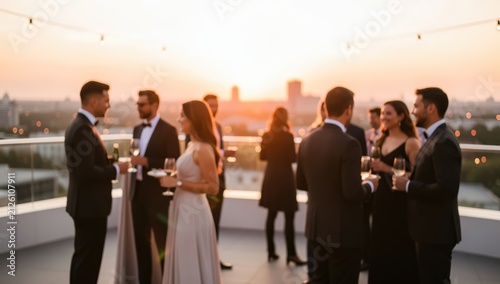 Rooftop sunset party social event elegant people formal attire celebration cocktail gathering luxury lifestyle urban city skyline evening