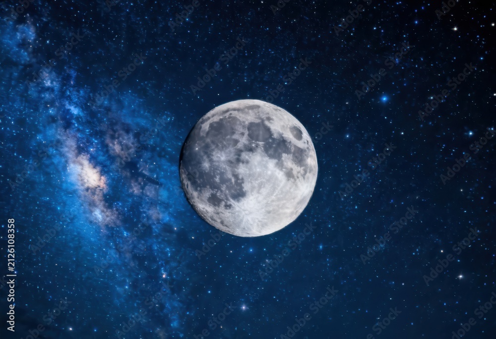 Fototapeta premium Full moon rising above vibrant blue cosmic galaxy with sparkling stars in deep space