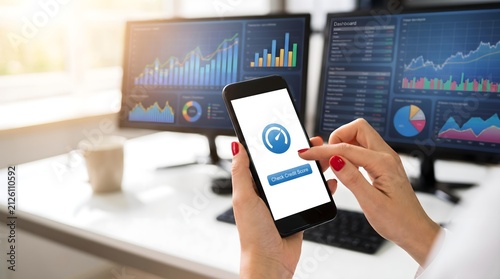 Mobile and desktop analytics dashboard with charts and graphs on a smartphone and multiple monitors, showcasing real-time financial data and data visualization for business insights.