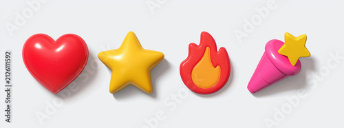 set of icons for social media heart, star, flame, and party popper, thumbs up, speech bubble, and arrow pointing right on a white background, 3d rendering,