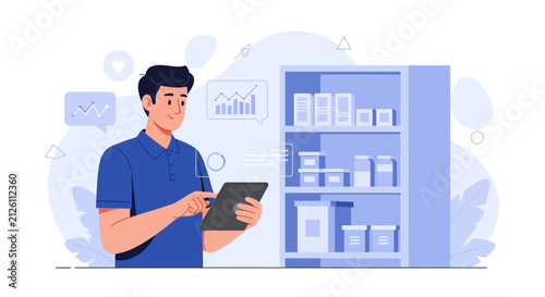 Man using tablet to manage inventory on shelves, digital stock management, e-commerce logistics, and business analytics concept