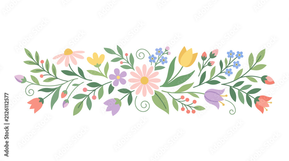Fototapeta premium Horizontal Botanical Border with Hand Drawn Spring Wildflowers and Leaves