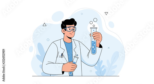 Scientist in Lab Coat Holding Test Tubes with Bubbling Liquid, Flat Vector Illustration