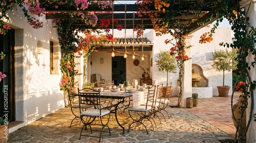 Mediterranean style outdoor courtyard dining area, wrought iron furniture, climbing bougainvillea vines, stone flooring, hanging pendant lights, whitewashed walls, 