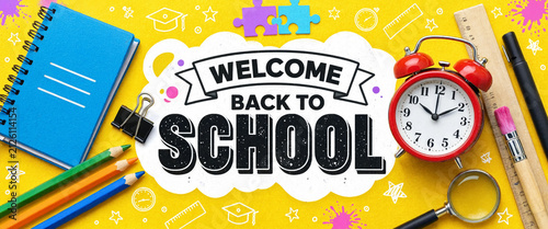 Welcome back to school banner with various school supplies and educational elements