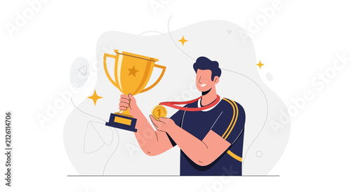 Vector Illustration of a Victorious Athlete Holding a Golden Trophy and Medal, Celebrating Success
