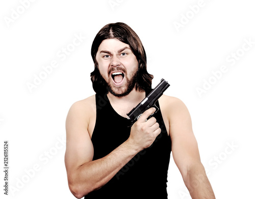 Foto Angry man holding a handgun.