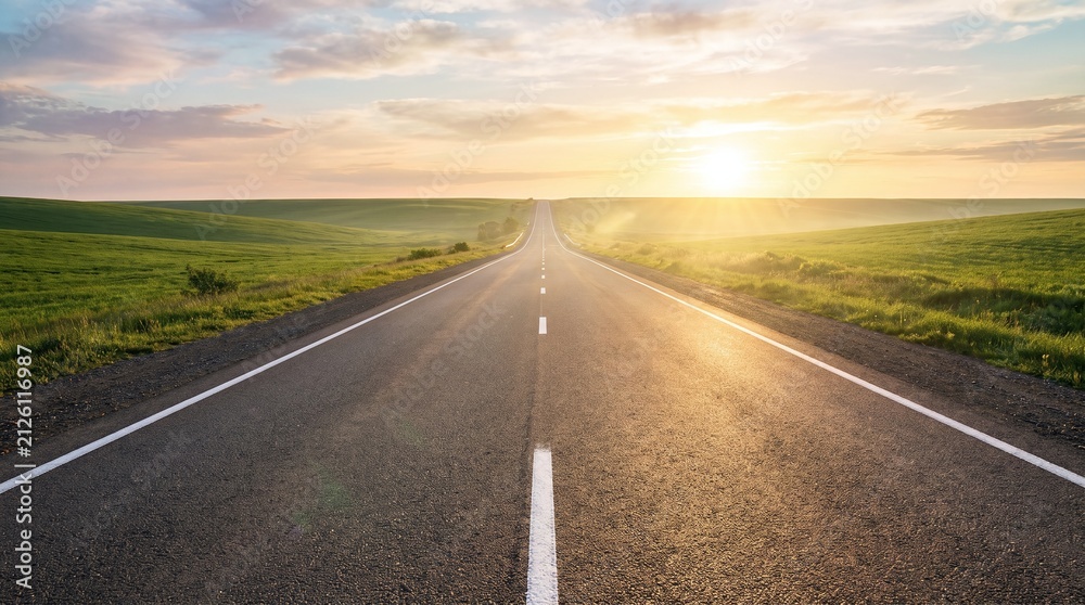 Obraz premium Long asphalt road stretching across green rolling hills under a bright sunrise