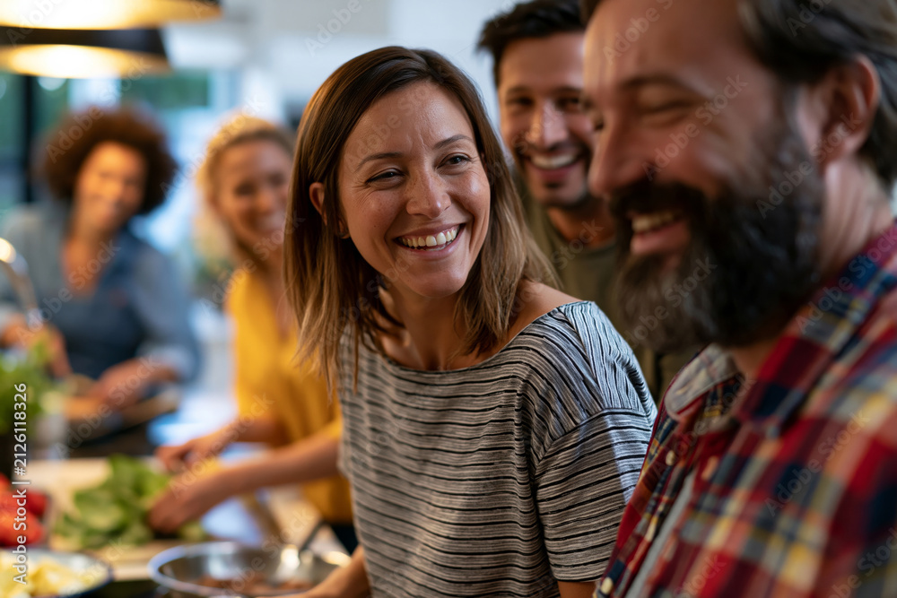 Obraz premium Diverse group of friends talking and laughing around a kitchen island, preparing cuisine together, bright contemporary home interior, beautiful background