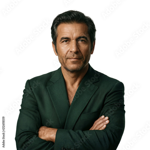 Businessman portrait blazer isolated professional man in his 40s looking authoritative with arms crossed on a transparent background