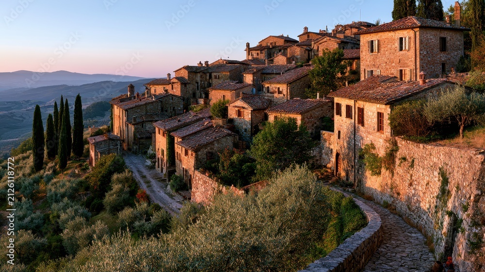 Obraz premium Charming Tuscan hill town at sunset: winding cobbled streets and terracotta roofs