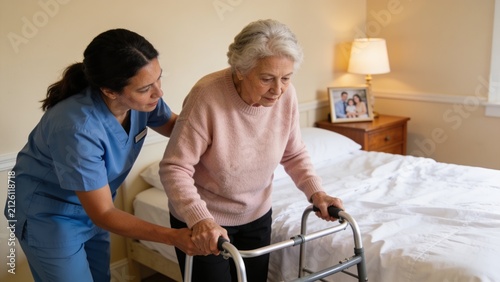 Female care worker assisting elderly woman with walker during safe transfer from bed indoors.