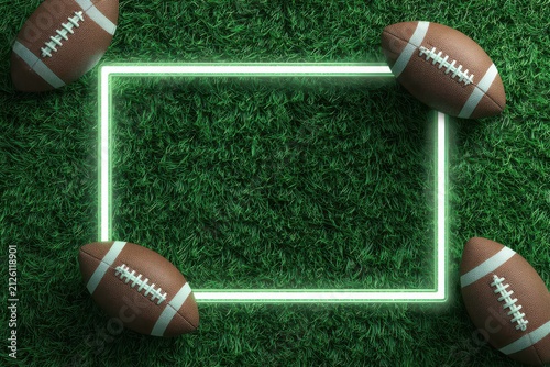 A bright glowing neon rectangular frame surrounded by american footballs on a textured green grass field background for sports event advertising
