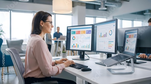 Professional woman working at a multi-monitor data analytics desk in a modern office, reviewing charts and dashboards.